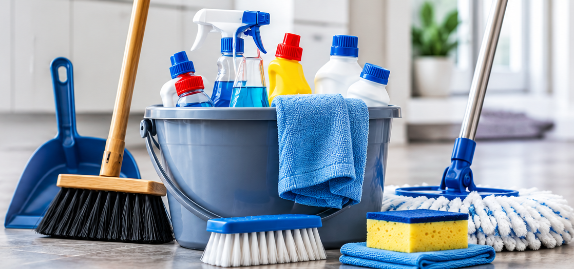 Schoonmaakartikelen met emmer, bezem, borstels, doeken en schoonmaakmiddelen